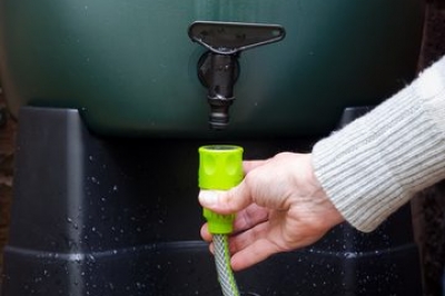 Conecte una manguera al barril de lluvia